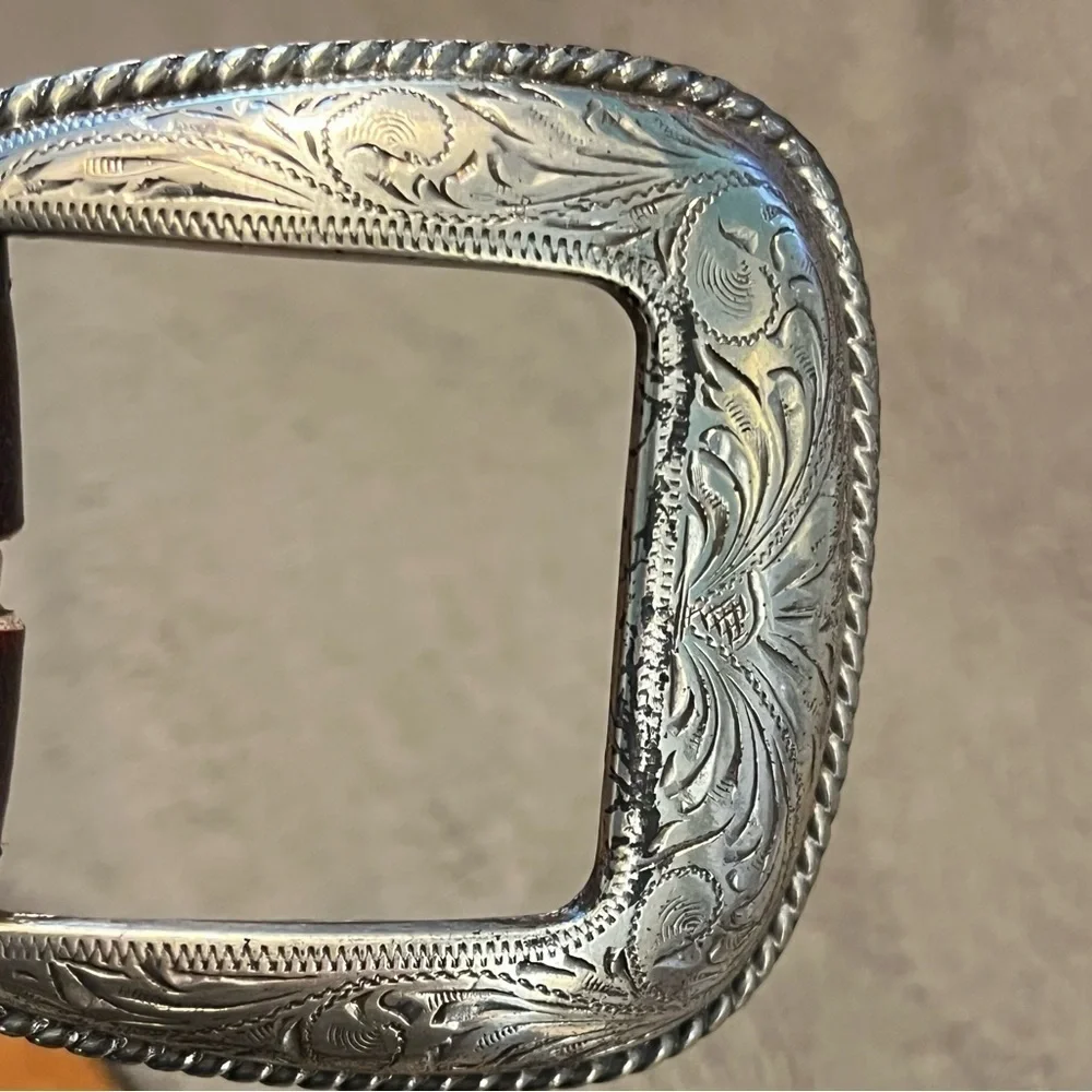 Tony Lama Western Belt Leather Engraved Silver Buckle Cowboy Rodeo Size 46 waist